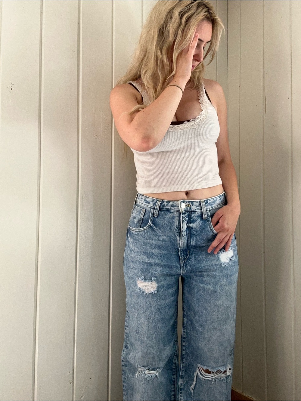 Pilcro Light Blue Wide Leg Distressed Denim Jeans